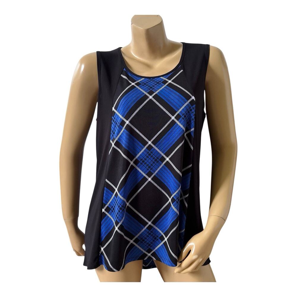Susan Lawrence Tunic Top Womens L Blue Black Plaid Keyhole Back Sleeveless